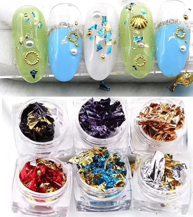 

6jar Aluminum Nail Flakes Sequins Powder~Magic Mirror Glitters~6Color Easy-Broken Foil Flakes~Irregular Nail Manicure Tools REWY