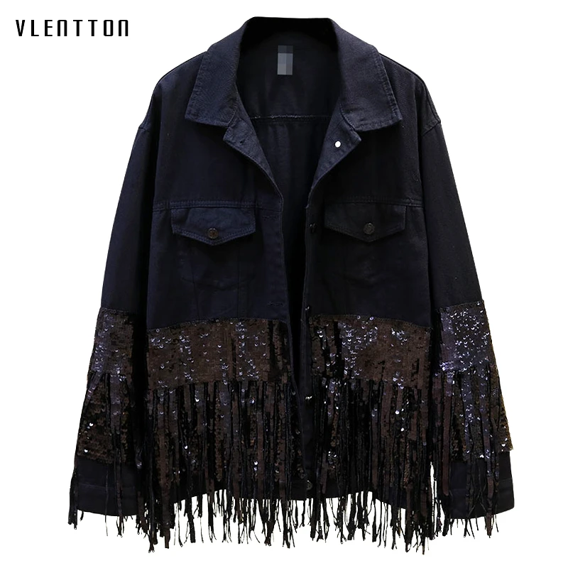black denim jacket with tassels
