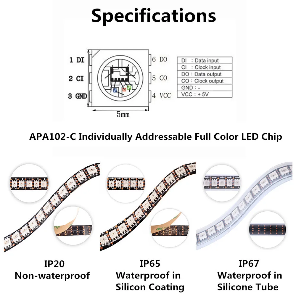 APA102 умный светодиодный пиксель полосы 30/60/144 светодиодный s/Пиксели/м IP30/IP65/IP67 DC5V APA102C 5050 smd RGB SK9822 Светодиодные ленты 1 m/5 m