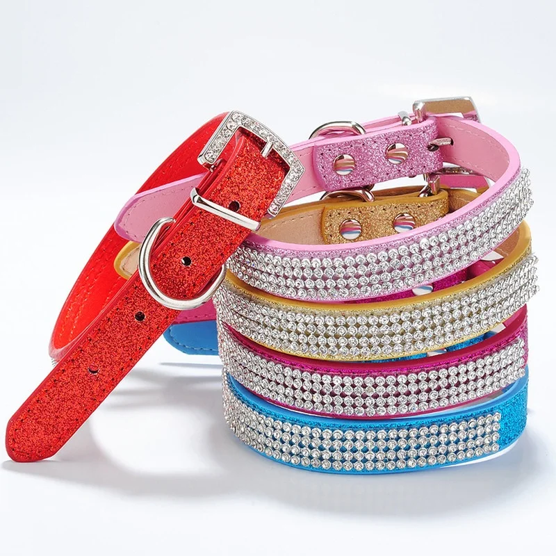 PU Pet Dog Collar Crystal Diamond Stripe Necklace Exquisite Net Bright Collars Products | Дом и сад