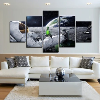 

Canvas Poster Astronaut on the Moon Earth Planet A Men Drink Beer Wall Art Print Painting For Office Home Room Wall Decor