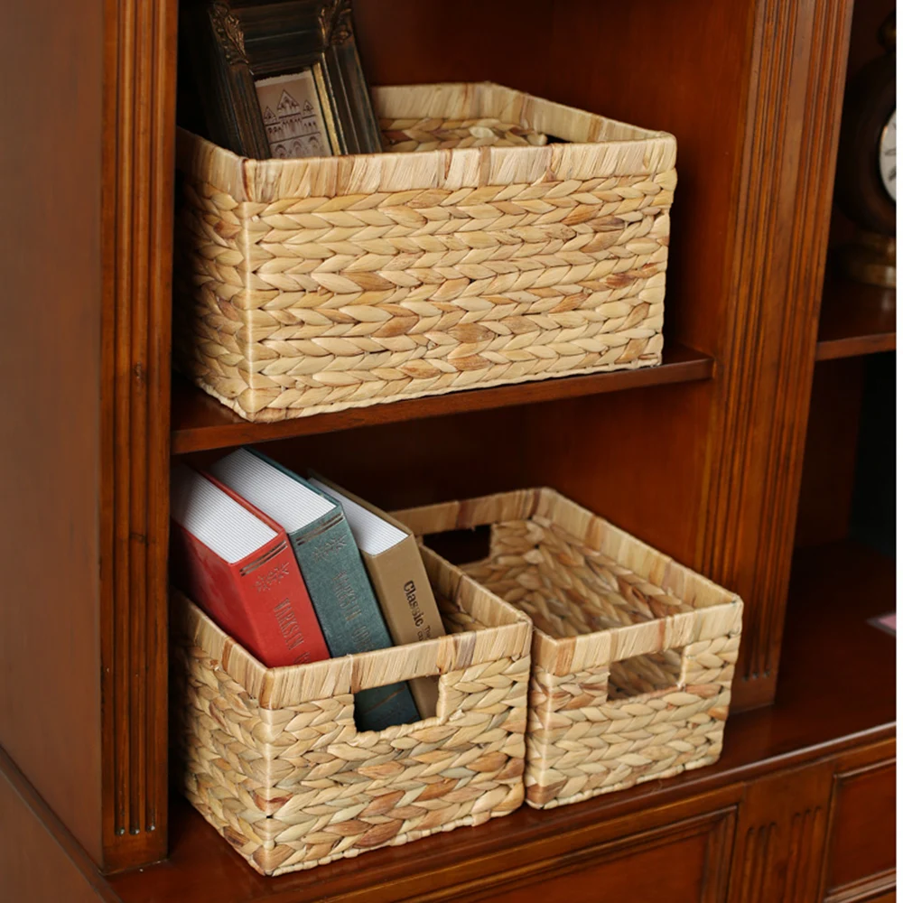 Storage Baskets Containers Natural water hyacinth Rectangular Storage Bins Organizer Box Metal frame woven straw baskets panier