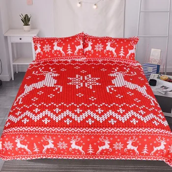 

Christmas Bedding Set Red and White Elk Duvet Cover for Festival Moose Bedspreads Reindeer Knitting Print Bed Set