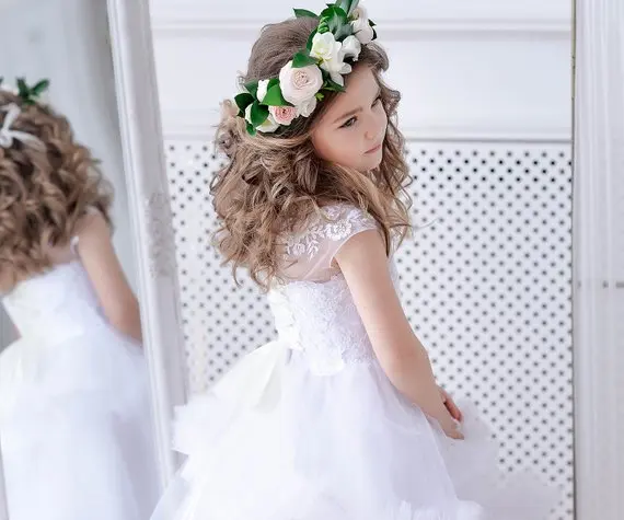 Vestido De Daminha облако белый платье с цветочным узором для девочек малышей тюль кружева слоистых Детское платье для дня рождения для девочек