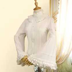 Белый Кружево шифоновыми оборками Стенд воротник с расклешенными рукавами Винтаж Лолита Блузка Для женщин в викторианском стиле