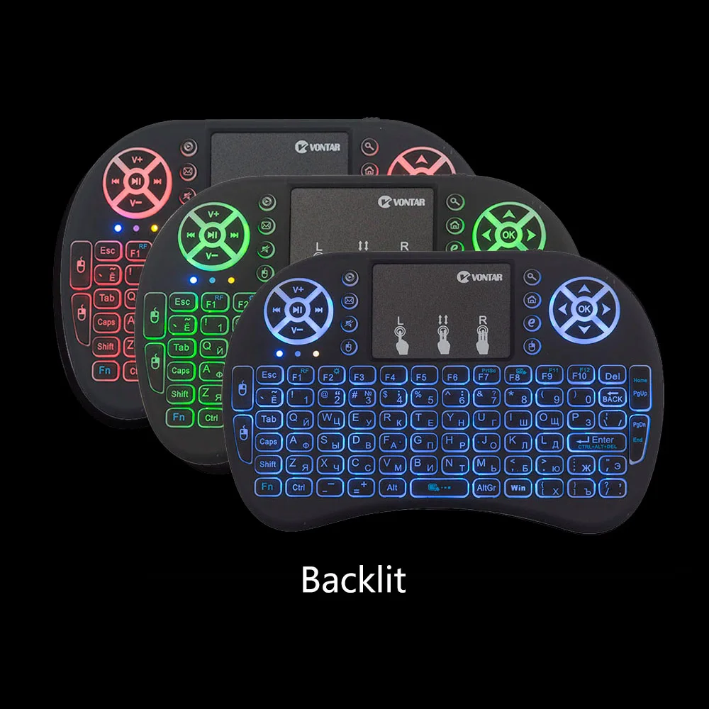 VONTAR i8+ 2,4G мини беспроводная клавиатура 7 цветов с подсветкой Сенсорная панель портативная русская воздушная мышь для Android tv Box T9 X96 HK1 Mini