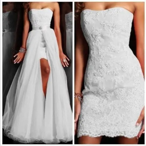 

Short Wedding Dresses With Detachable train Lace Sequins Beaded White Ivory Custom Made Wedding Gown Vestidos De Novia