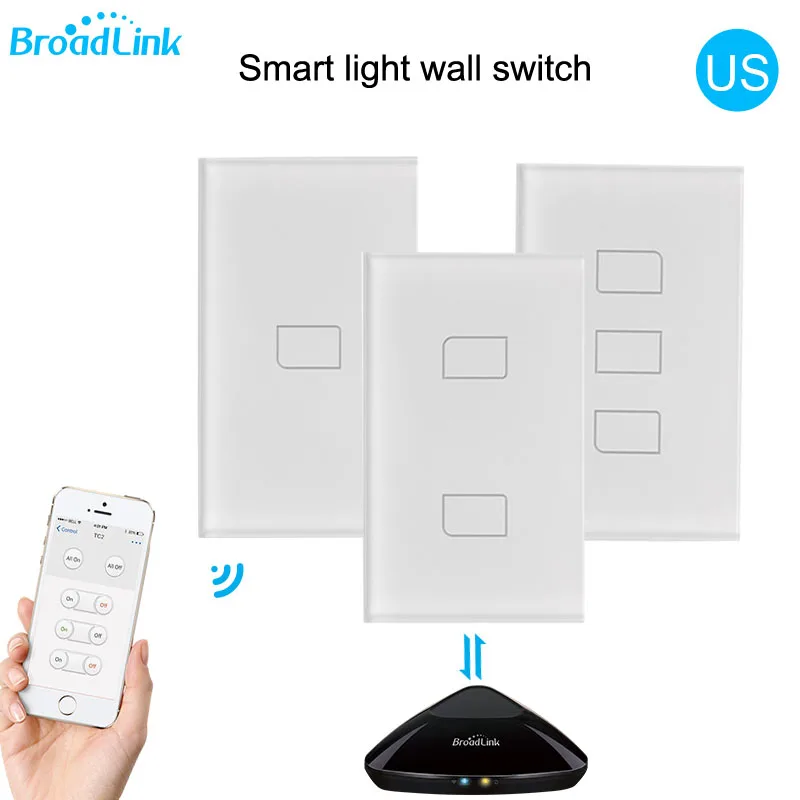Baratos 2019 Broadlink TC2 US AU versión 1 2 3 Gang WiFi domótica hogar inteligente luz LED con control remoto Switche Panel táctil a través de RM Pro +