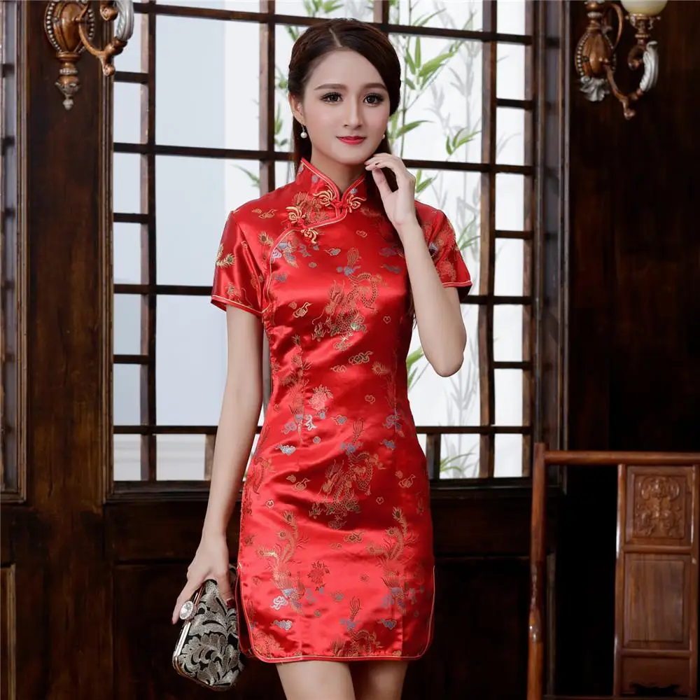 Дракон и Феникс китайские женские Qipao короткие шелковые атласные Cheongsam невесты Свадебные платья вечернее платье для выпускного вечера S M L XL XXL XXXL - Цвет: Красный