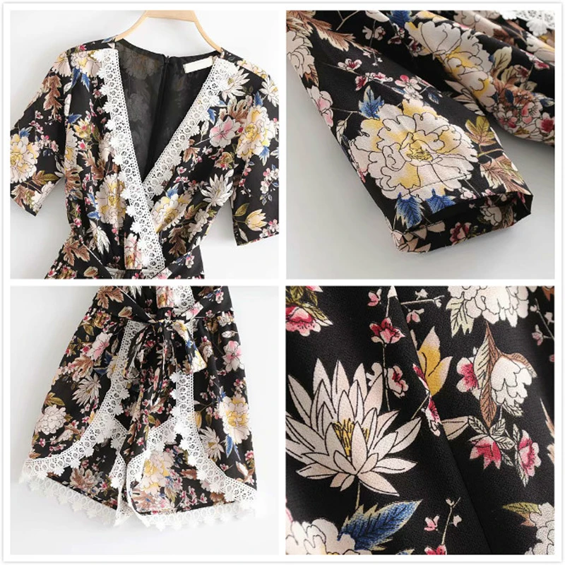 Summer Sexy Chiffon Lace V-Neck Short Playsuits Female Vintage Floral Print Belt Beach Jumpsuits Boho Rompers Womens Jumpsuit Summer Sexy Chiffon Lace V-Neck Short Playsuits Female Vintage Floral Print Belt Beach Jumpsuits Boho Rompers Womens Jumpsuit
