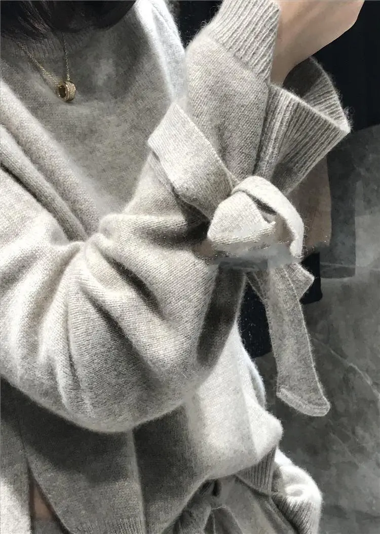 2018 зимний женский модный кашемировый комплект с бантиком, трикотажный комплект с круглым галстуком и широкими штанинами, комплект из двух