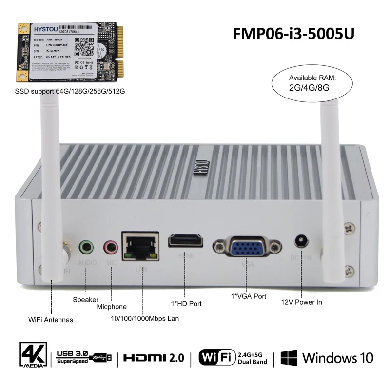Gen5 HYSTOU i3 5005U 12 В безвентиляторный мини-ПК Windows 10 NUC Intel Celeron Braswell N3150 N3050 Micro