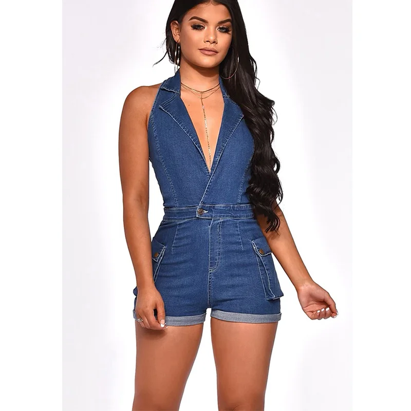

Sexy Summer Denim Romper Backless High Waist Jeans Overall BF Wide Leg Jumpers Lapel Pocket Shorts Jumpsuit Playsuit Bodysuits