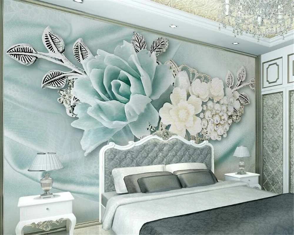 

beibehang Indoor papel de parede 3d Wallpaper Stereo Mint Green Jewelery wall paper Pearls Oil Paintings TV Background Walls