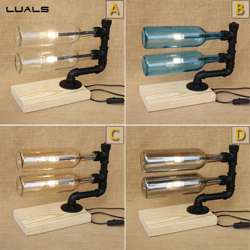 

LUALS Loft Style Retro Table Lamp Personality Glass Bottle Deco mesa Desk Lamp Creative Bar Water Pipes Table Light LED Lighting