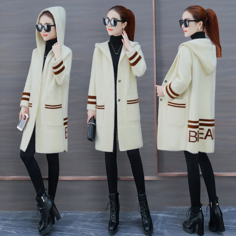 Имитация норки бархат Куртки 2018 женская новая зимняя и зимние корейский стиль Свободный вязаный кардиган длинное пальто свитер