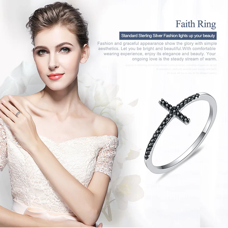 BISAER Настоящее 925 пробы серебро вера крест черный CZ женские кольца на палец женское кольцо из стерлингового серебра ювелирные изделия Anel ECR067