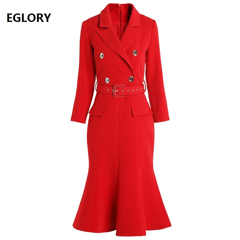 

New 2019 Spring Fashion Office Work Dress Women Notched Collar Double Breasted Long Sleeve Bodycon Midi Party Mermaid Dresses