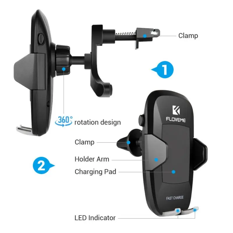 Automatic Clamping Wireless Car Charger Mount Fast Charging Car Phone Holder Windshield Dashboard Air Vent Compatible