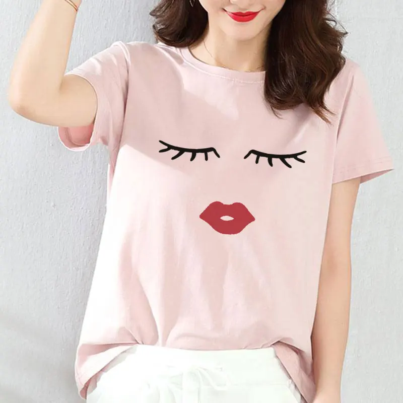 

Summer Fashion Ulzzang Harajuku T-shirt Eye Lashes Red Lips Print Ladies White T Shirts Women Casual Short Sleeve Simple Tee Top