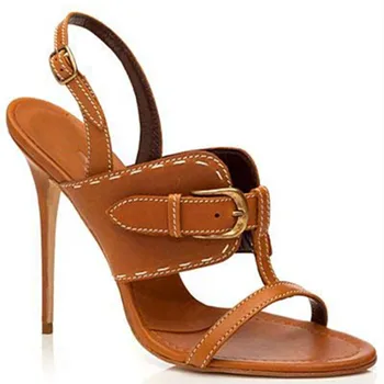 

EMMA KING 2018 Summer Womens Sandals High Heels Wedding Party Open Back Stiletto Buckle Size 35-43 Rome style Open Toe Brown