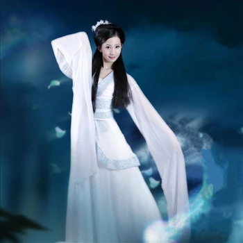 

White Chinese Ancient Infanta Peri Dramaturgic Dress Long Sleeve Dance Wear Photo Dress Princess Dress Cosplay One Size 081702