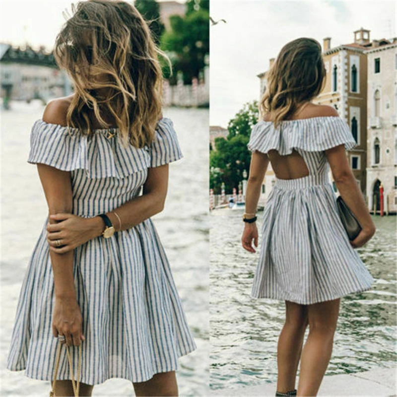 

Fashion Sexy Women Summer Striped off shoulder Ruffles Dress Casual Sleeveless Slash Neck Backless Slim Striped A Line Dresses