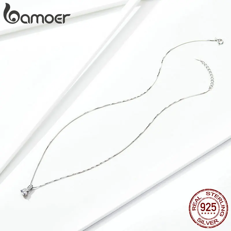 BAMOER, подлинное, 925 пробы, серебряное, прозрачное, CZ, сияющее, ослепительное, минималистичное ожерелье с кулоном для женщин, цепочка, ожерелье SCN314