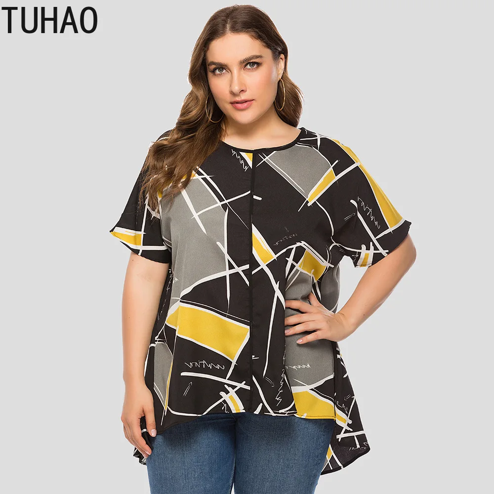 

TUHAO 5XL 4XL 3XL plus size Office Lady Shirts Loose Geometric Femme blouse shirt For Large Size Women's Summer 2019 tops LW52