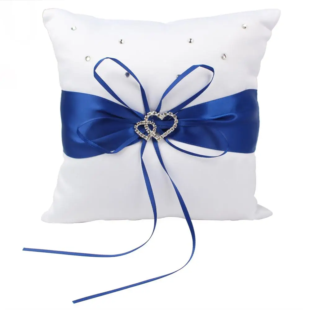 OurWarm 20cm Wedding Pillow Cushion Ring Double Heart Ring Rhinestone Pillows Baptism Wedding Birthday Party Favors Decoration - Цвет: blue