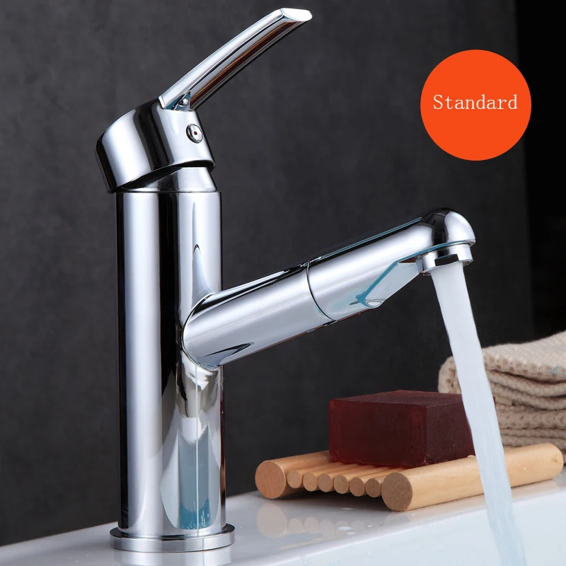 Full copper basin faucet round bathroom retractable bathroom cabinet pull type bathroom hot and cold mixed faucet