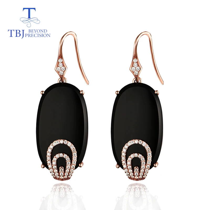 

TBJ, vogue hook long earring 26.4ct natural black agate onyx 925 sterling silver rose gold gemstone earring for lady gift