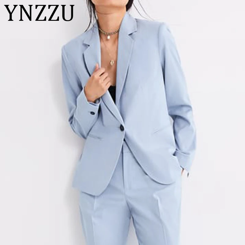 

YNZZU Blue Color Suit Blazer Women 2019 Autumn Elegant Notched Collar Long Sleeve Office Lady Suit Coat Women Jacket femme AO985