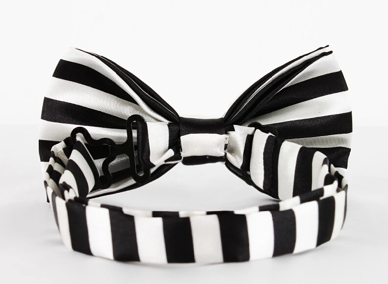 Elegant Black White Striped Bow Ties,GROOM WEDDING BOW TIES,Horizontal Stripes,Contrasting Color Bow Tie