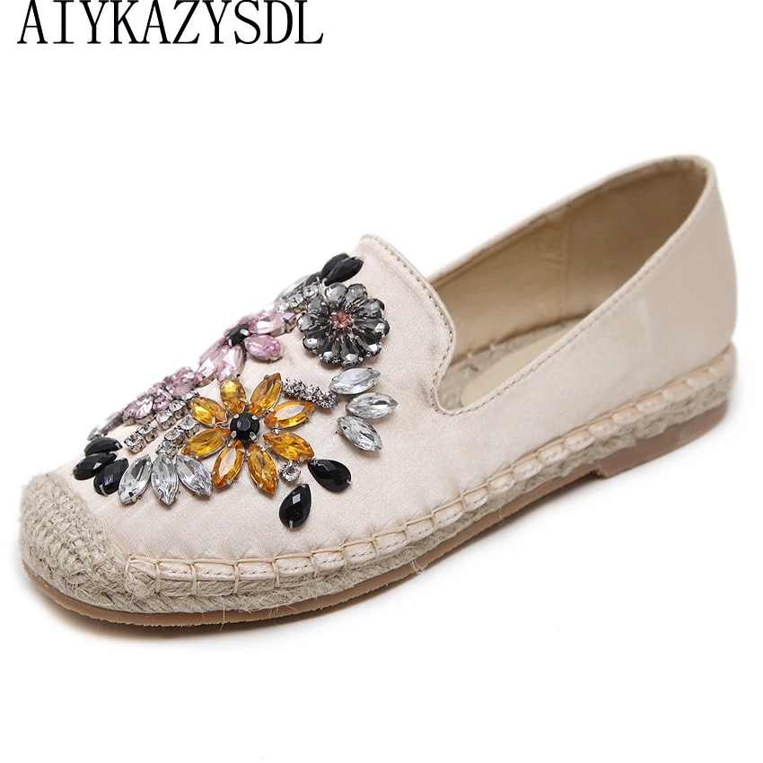 

AIYKAZYSDL Women Casual Flats Rhinestone Crystal Oxford Straw Hemp Rope Fisherman Boat Shoes Loafers Espadrilles Silk Mocassins