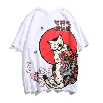

2019 Summer Japanese Style Student Streetwear T Shirt Men Women Cotton Loose Fashion Ukiyo Cat Print T-shirt Tops Tees Hip Hop