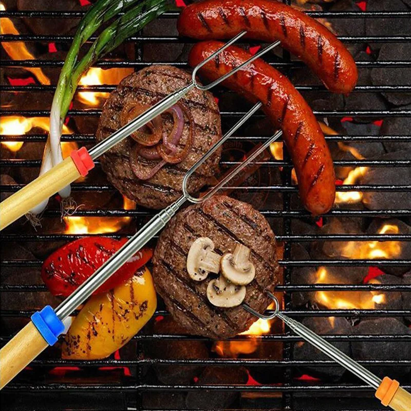Telescopic Roasting Sticks Stainless Steel BBQ Forks Extendable Hot Dog Marshmallow Roasting Sticks with Pouch BBQ Tools (6)