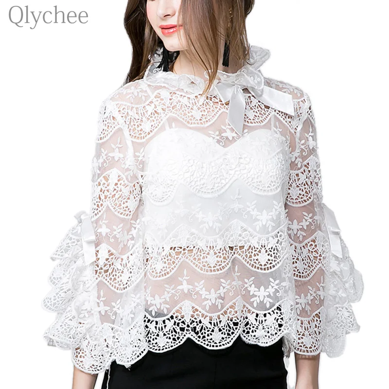 

Summer Sexy Women Lace T-shirt Two Pieces See Through Flare Sleeve Ladies T Shirt Retro Female Top