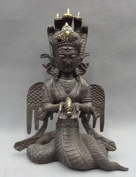 

10" Chinese Bronze Buddhist 5 Snake Naga Kanya Kwan-Yin Goddess Buddha Statue