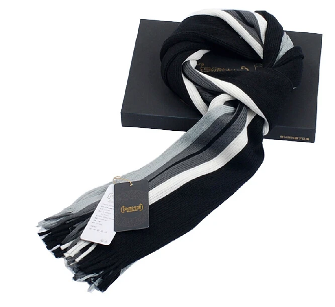 hair scarf for men Autumn Winter Fashion Top Grade Classic Striped Woolen Scarf Macrochaeta Thickness Black&White&Gray Scarves Gift Set Man Muffler black scarf mens