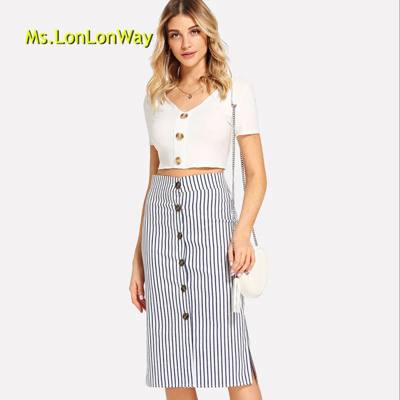 

2019 Summer Women Cross Fold Wrap Banded High Waist Stripes Skirt Pencil Skirts
