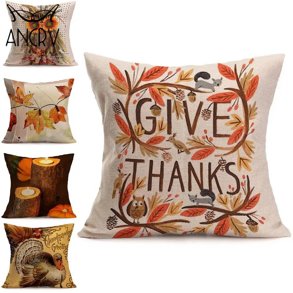 Thanksgiving Maple Leaf Pillow Cover Turkey Pumpkin Print Halloween