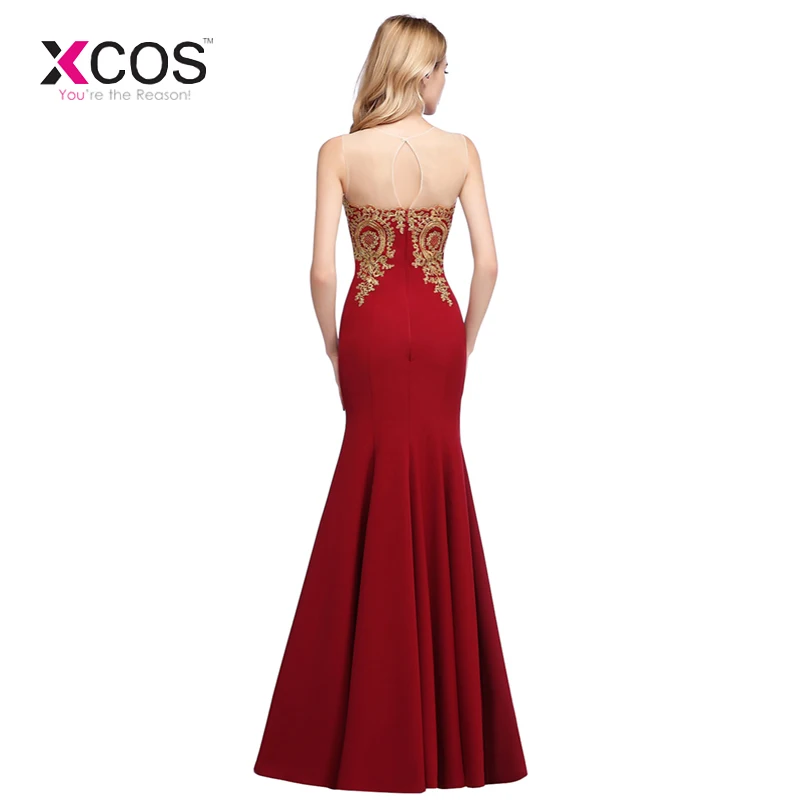 Robe de Soiree Longue Sexy Wine Red Mermaid Lace Evening Dress Long Cheap Gold Appliques Evening Gowns Vestido de Festa