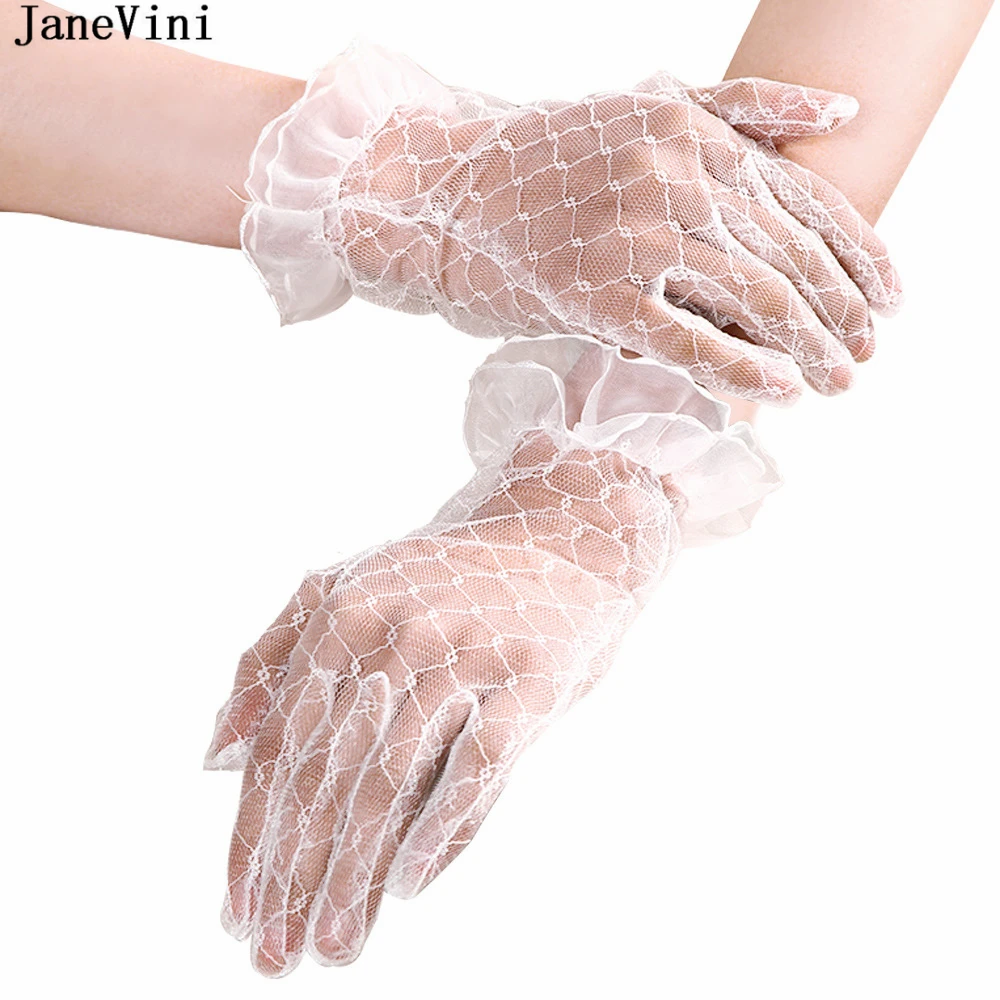 JaneVini 2018 Elegant Lace Full Finger Bridal Gloves Women Short Gloves Wrist Length Bridal Wedding Gloves Gants Mariage Femme