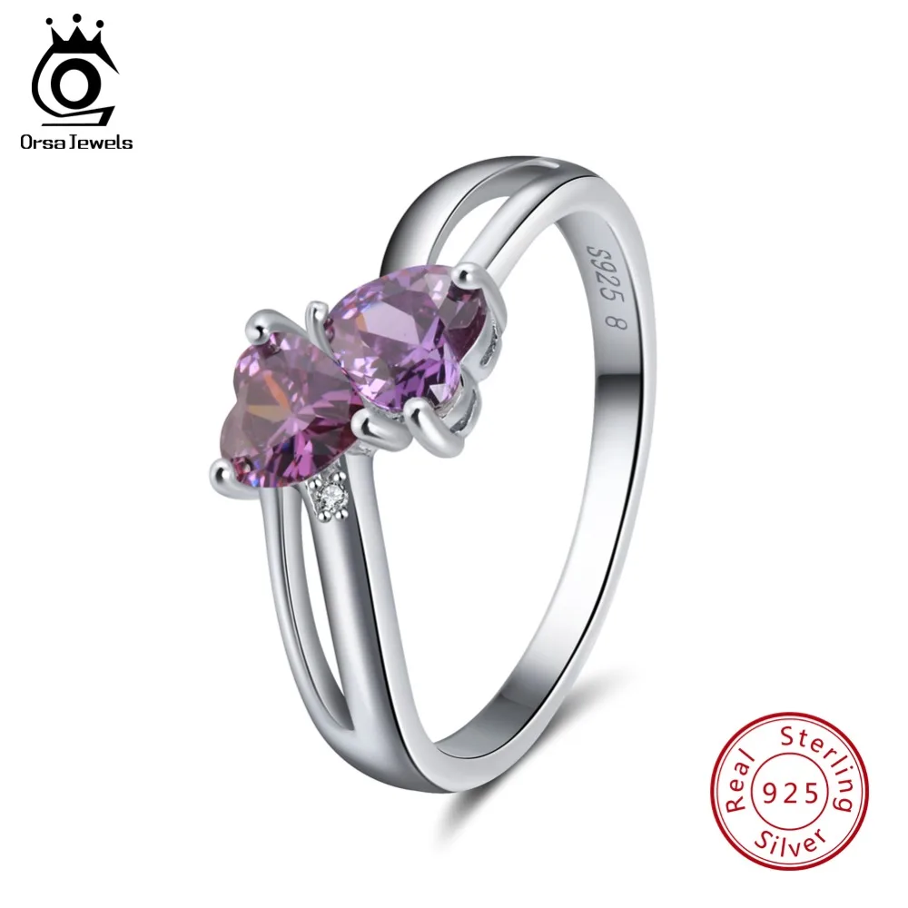 ORSA JEWELS 100% 925 Sterling Silver Women Rings Cute Double Heart Design AAA Purple Cubic Zircon Fashion Jewelry Ring SR58-P