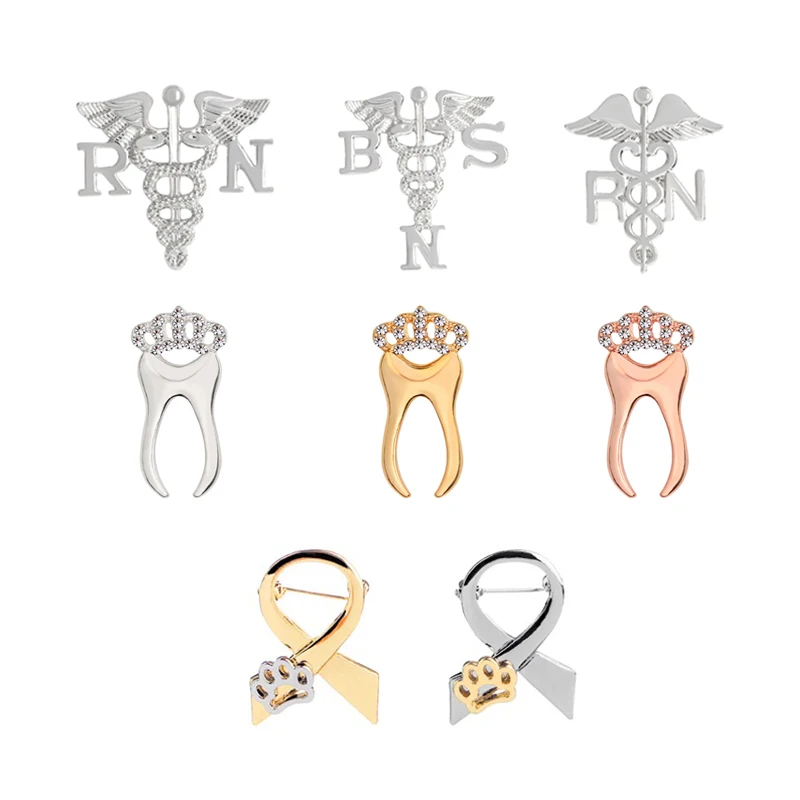 

Fashion Gold Sliver Crystal Crown Tooth Brooch Angel Wings Pin Tie Ribbon Animal Dog Paw Pins Badge Nurse Brooches for Women Men