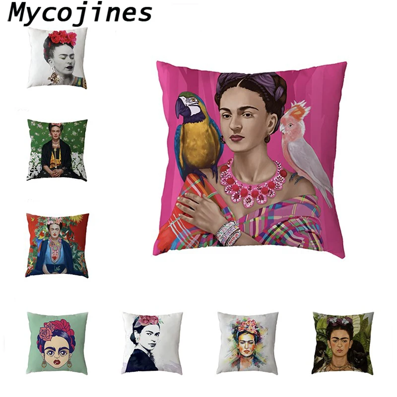 

Mexican Painter Cushion Cover Self-portrait Pillowcover Decorate Funda Cojin Polyester Peach Skin Pillowcase Home Couch Decorate