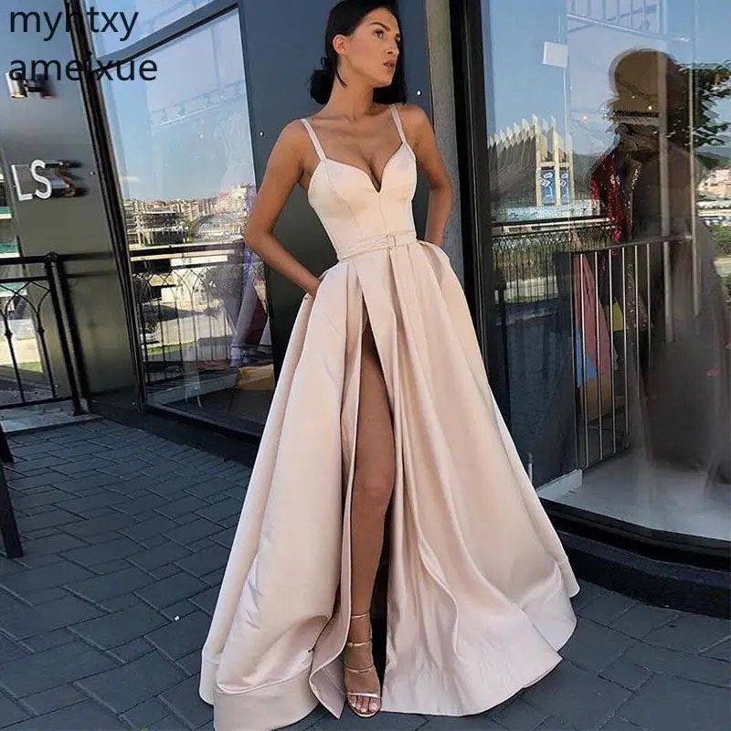 

Custom Plus Size Long Evening Dress Spaghetti Straps Simple Cheap Nude Color Front Split Formal Party Gowns Sexy Robe De Soiree