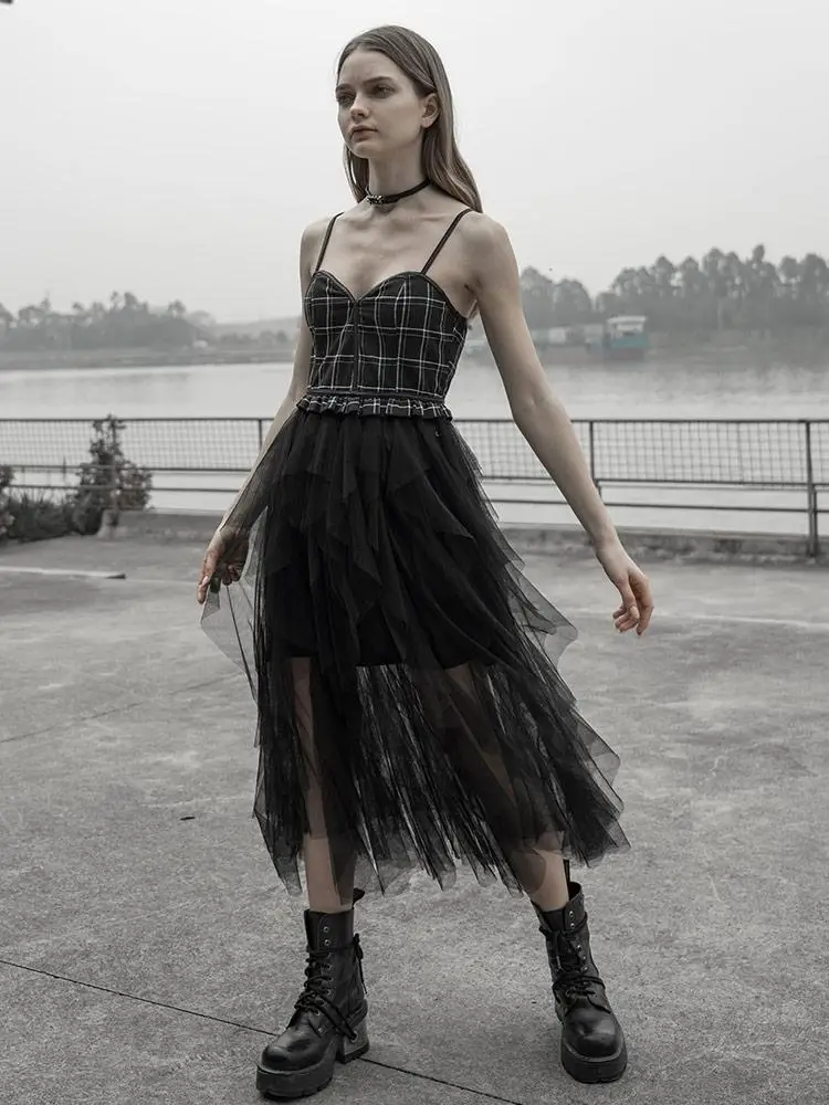 

PUNK RAVE Women's Steampunk Retro Party Dress Gothic Irregular Multilayer Mesh Strap Dress
