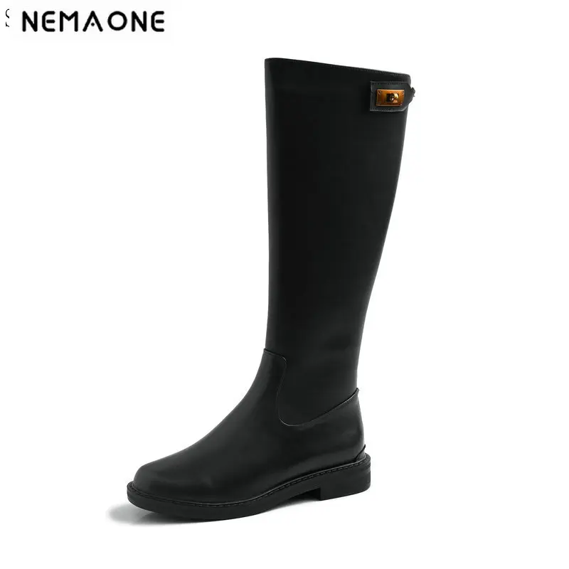 

NEMAONE Genuine Leather Knee High Boots woman Autumn Winter Back Zipper Shoes Woman 2019 New Fashion Motorcycle Riding Boots